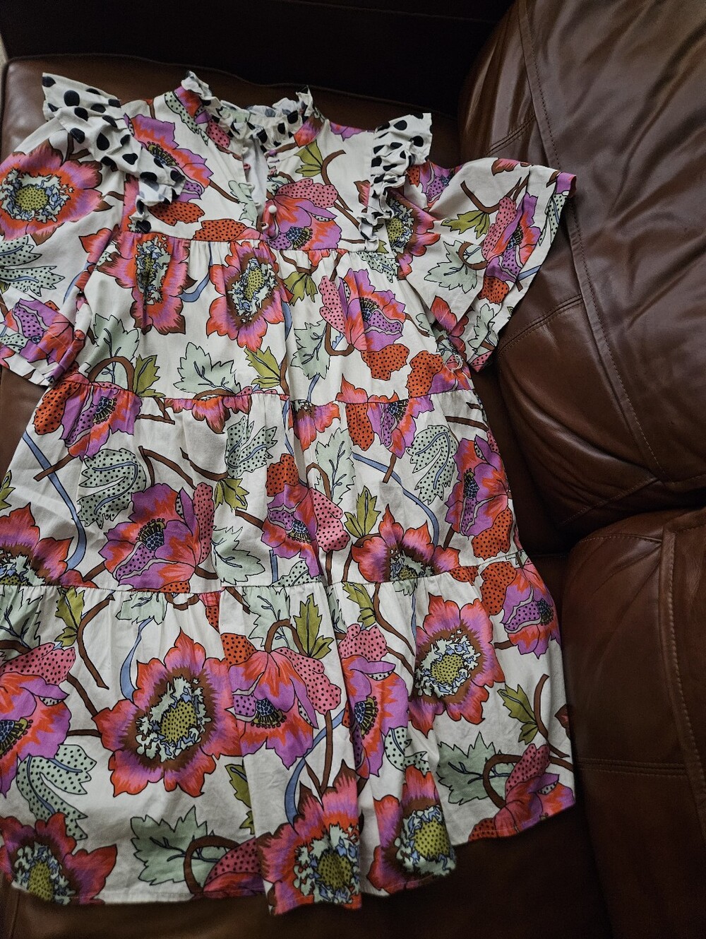 Crosby By Mollie Burch Floral Ruffle Dress in White, Pink & Green Medium - Picture 2 of 6